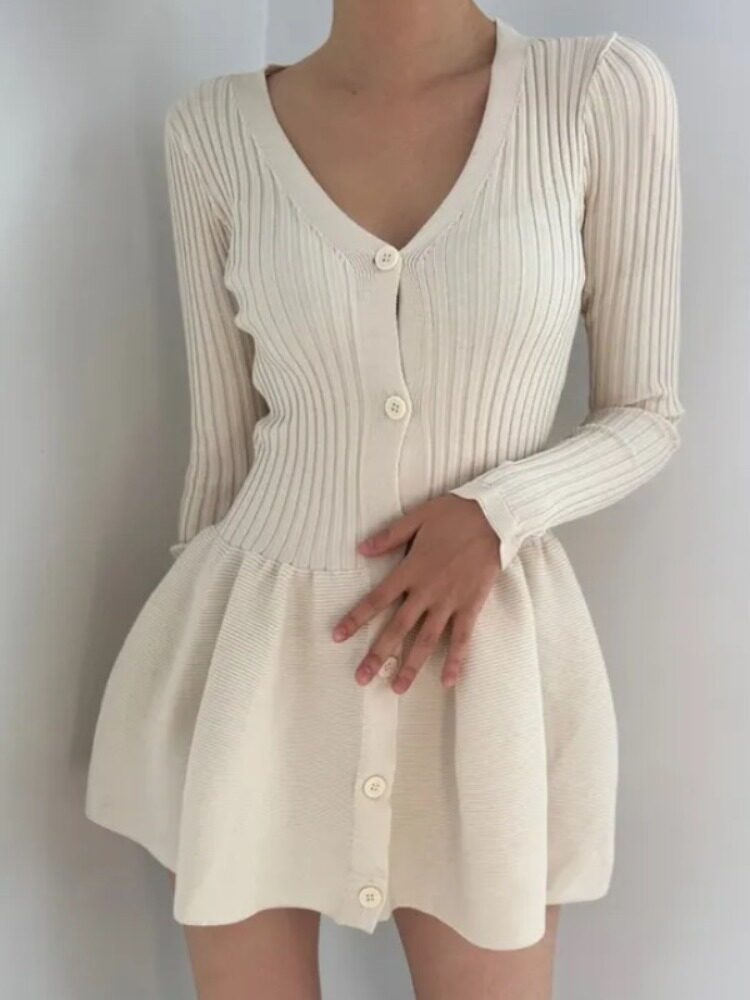 Women's White Knit A-Line Dres - French Vintage Floral Midi Dress 评论和价格