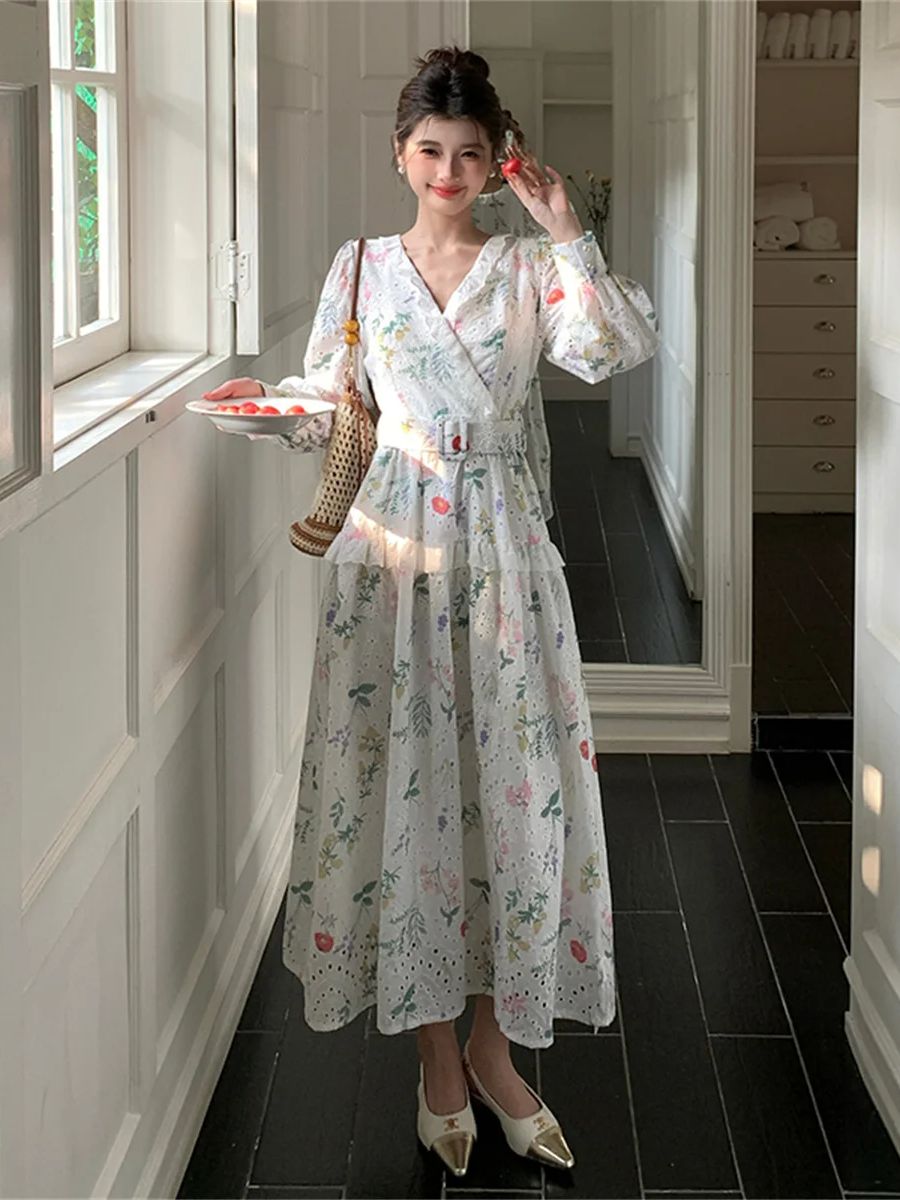 French Romantic Style Lantern  - French Vintage Floral Midi Dress 评论和价格
