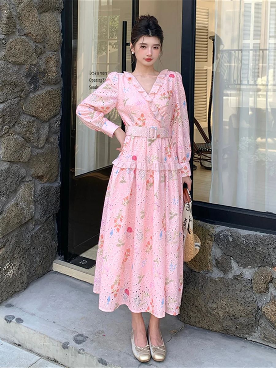 French Romantic Style Lantern  - French Vintage Floral Midi Dress 评论和价格