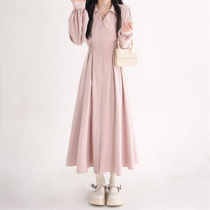 Korean Style Women V Neck Shir - Korean Style A Line Shirt Dress 评论和价格