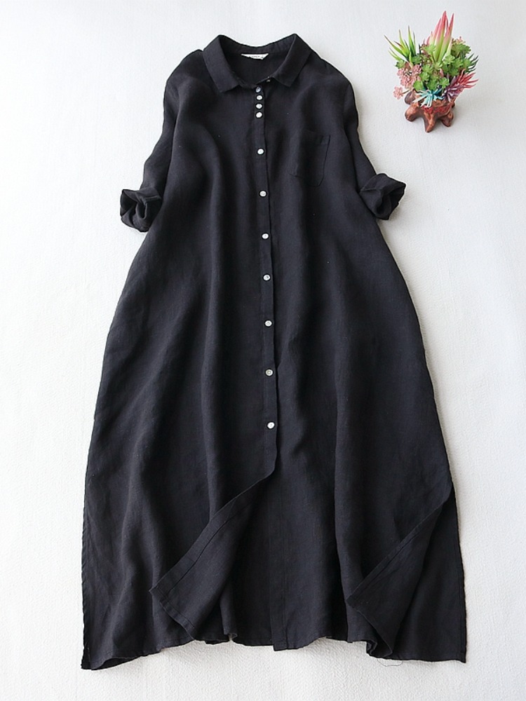 Artistic Linen Dress Women Spr - Casual Loose Linen Shirt Dress 评论和价格