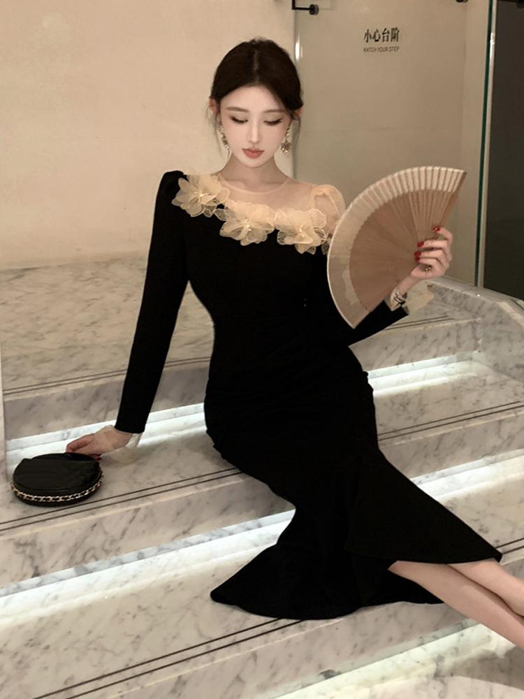 Retro 3D Floral Black Long-sle - Sexy Mesh Sheer Bodycon Dress 评论和价格